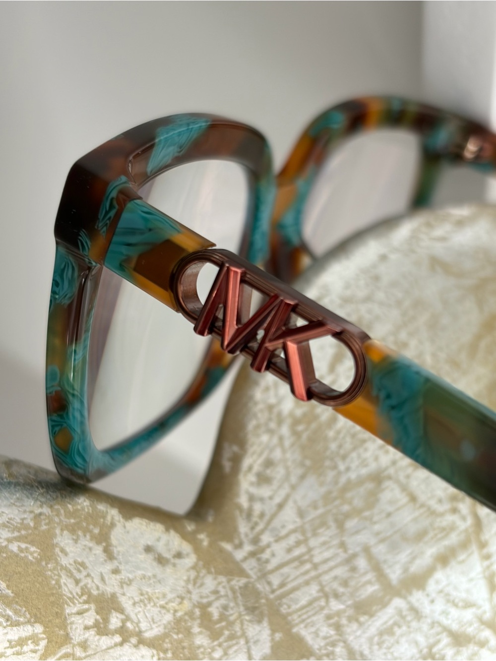 Michael Kors Turquoise and Brown Marbled Acetate Glasses with Rose Gold Logo